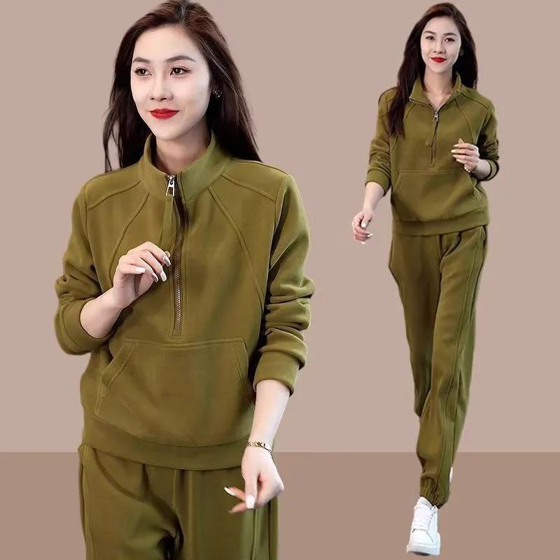 Casual Sweater Autumn and Winter Sports Suit Large Size Slimming Plus Velvet Thickening Solid Color All-match Two-piece Suit