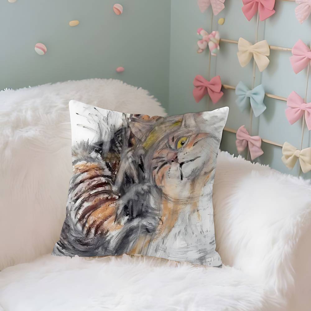 Whimsical Cat Art Case Plush Fabric Soft Pillowcase Double Sided Print Cushion Cover Household Gifts