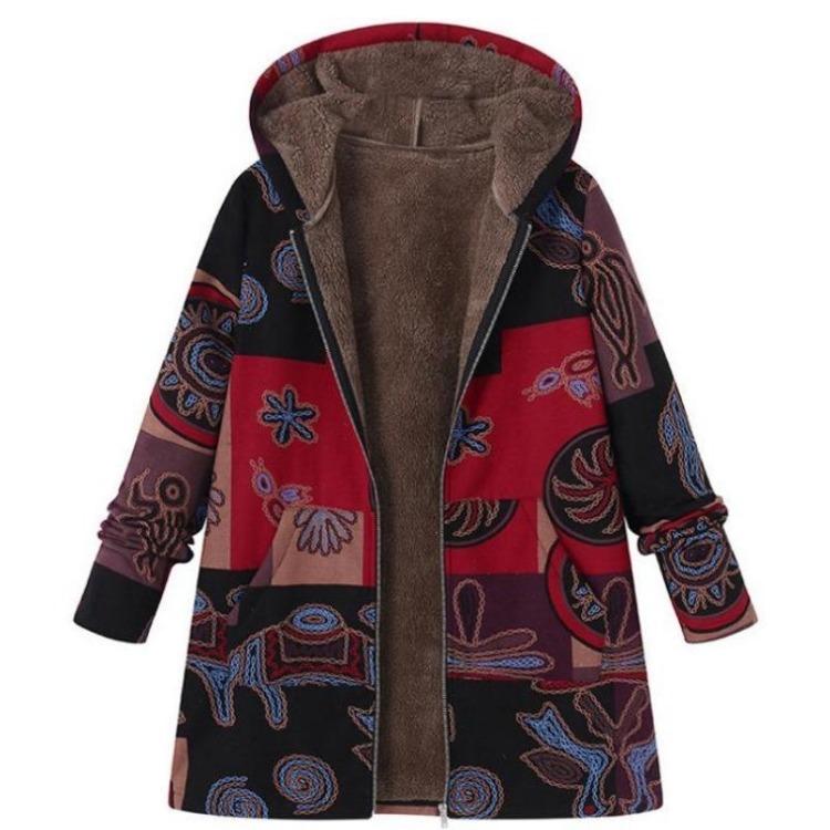 Women Winter Fleece Jacket Vintage Floral Hooded Coat Casual Warm Zipper Outwear Long Sleeve with Pockets