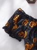 European-American Sexy Pumpkin Print Off-Shoulder Lingerie Set - Halloween Role Play Top & Tie-Up Thong