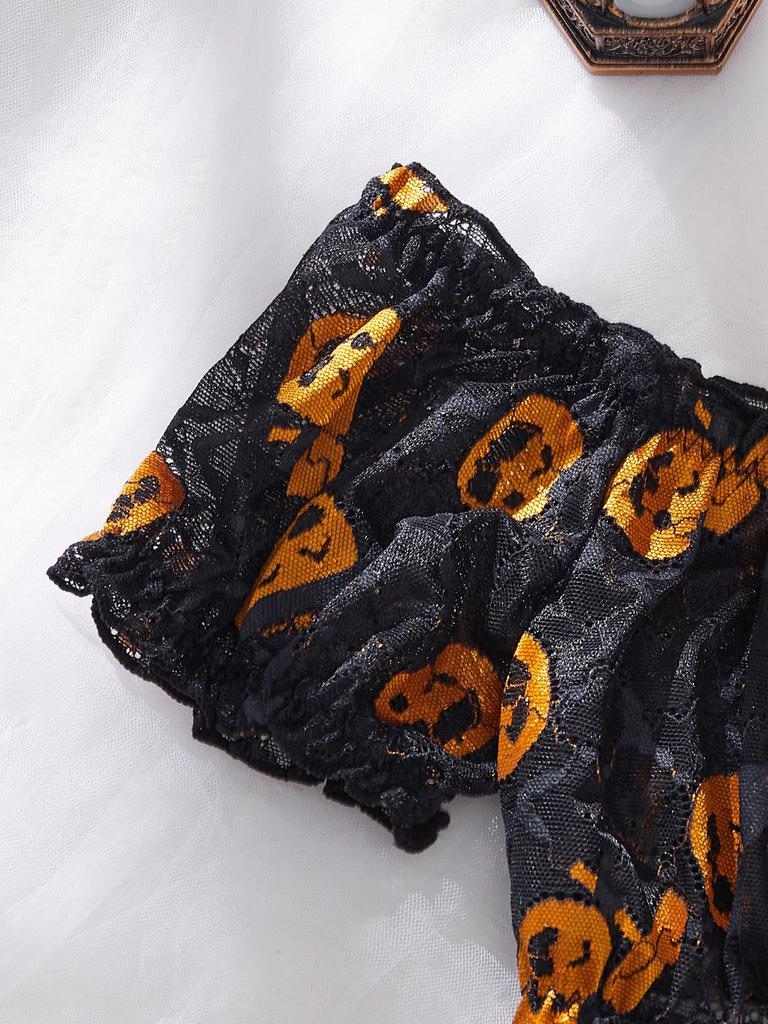 European-American Sexy Pumpkin Print Off-Shoulder Lingerie Set - Halloween Role Play Top & Tie-Up Thong