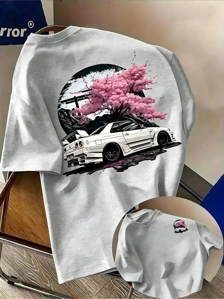 European And American Unisexs Summer Cherry Blossom Racing Print Comfortable And Breathable Round Neck Tshirt Outdoor Street Top