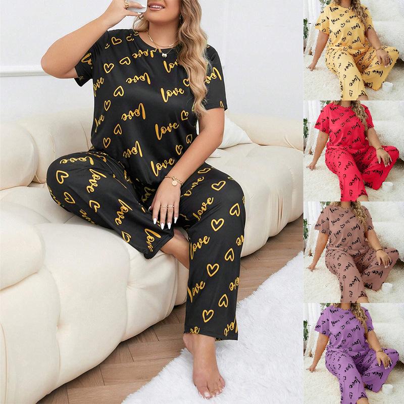 Plus Size 3XL 4XL 5XL Sleepwear Heart Letters Print 2 PCS Pajama Set Women's Casual Short-Sleeve Top and Pants Loungewear
