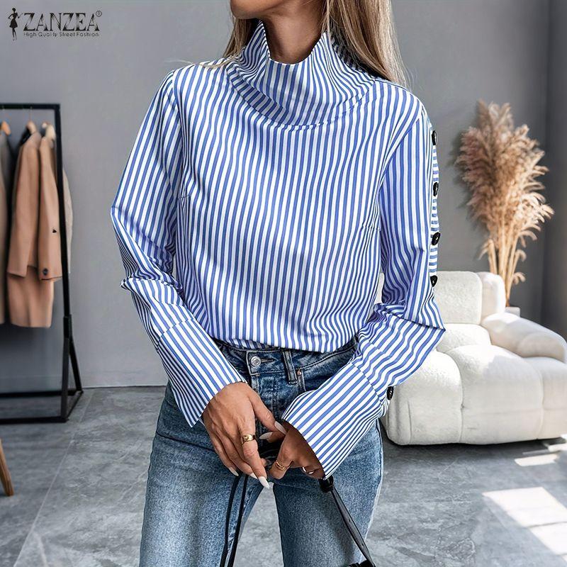 ZANZEA Women Casual High Neck Loose Long Sleeve Stripe Blouse