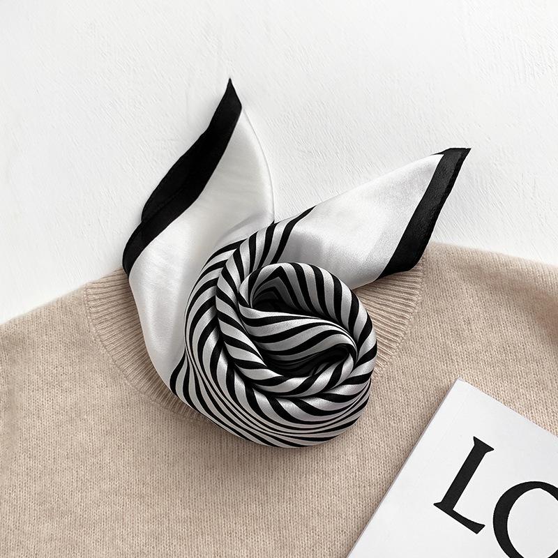 Silk silk scarf women's simple fashion silk scarf spring and autumn summer thin printing decoration black and white striped small square scarf