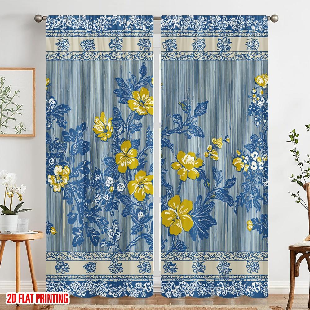 2pcs,2D Plane Printing Print Curtains Blue Yellow Floral Stripes Polyester (without Rod) Decorations Inside Use for Bedroom,