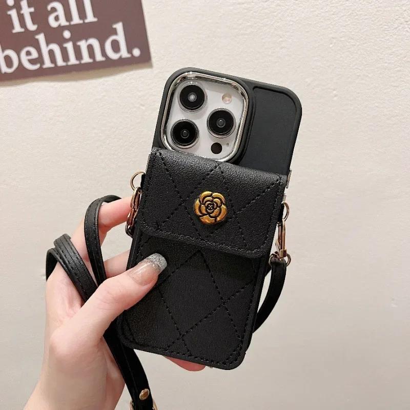 Luxury Crossbody Leather Cover for IPhone 15 14 Plus 13 12 11 Pro Max XS XR X Lanyard Card Holder Pocket Wallet Phone Case
