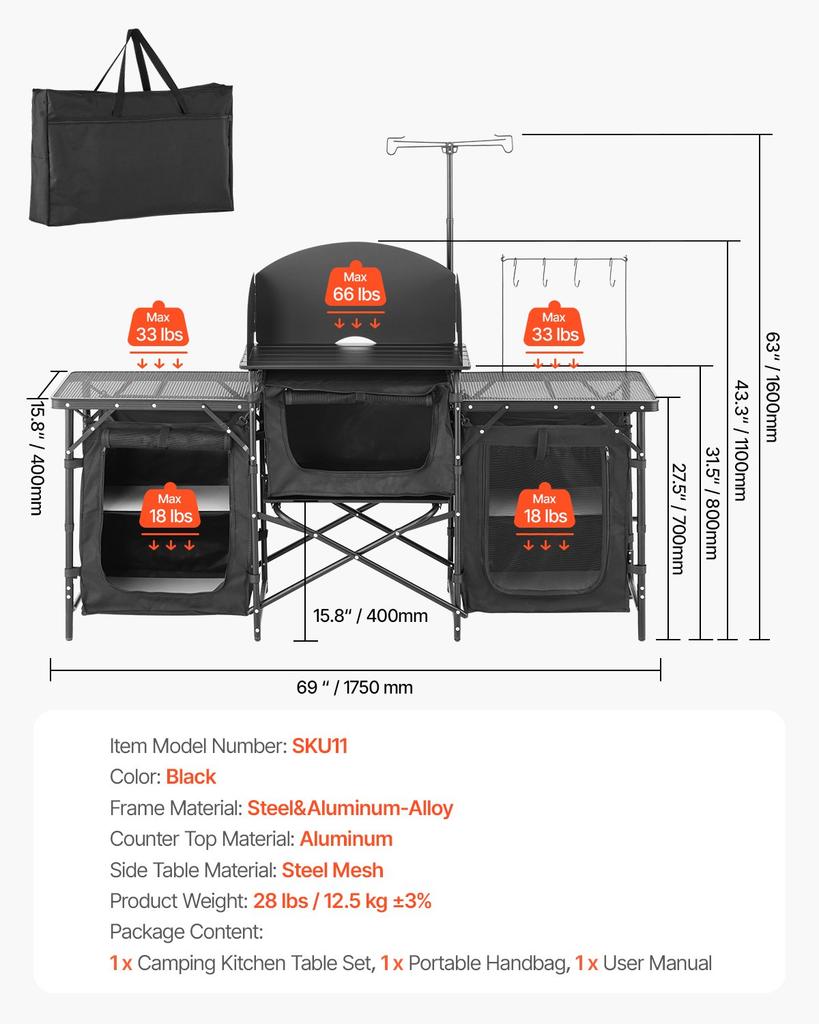 VEVOR Camping Kitchen Table, Outdoor Camp Cooking Table, Aluminum Portable Cook Station with 3 Storage Cupboard, Carrying Bag, Detachable Windscreen