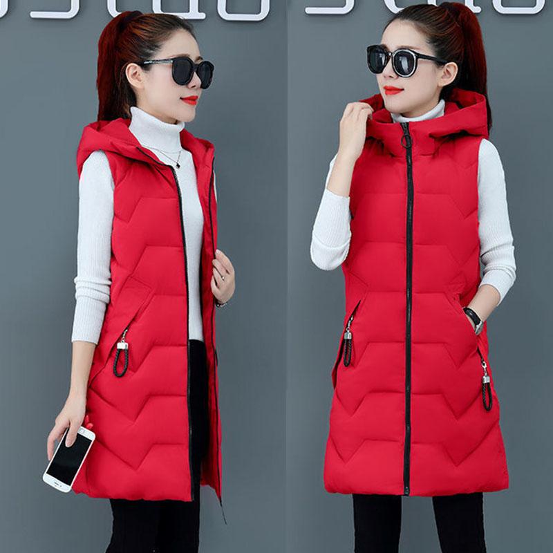 Hooded Cotton Vest Women Warm Medium Long Sleeveless Thickened Solid Color Zipper Jacket Slim Waistcoat Autumn Winter