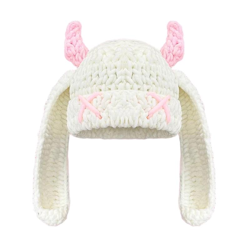 Handmade Crochet Cap with Devil Horn Long Ears Stretchy Pullover Hat Winter Warmth Hat Halloween Cosplay Head Accessory