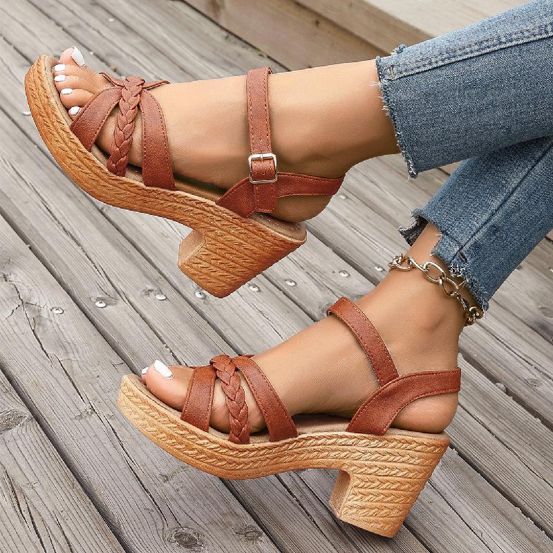 Women's Mid High Heels Sandals Summer Medium Leather Platform Gladiator Sandals Female Ankle Straps Sandals Luxury Beach Shoes