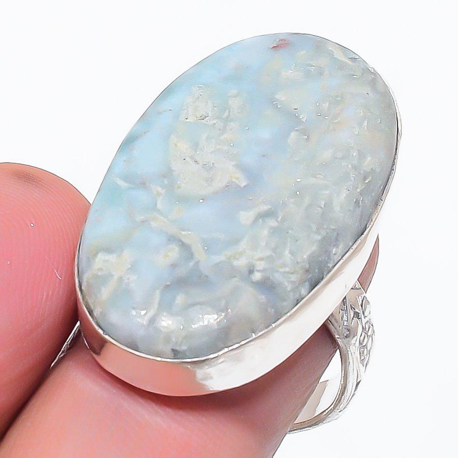 Natural Larimar Gemstone Handmade 925 Sterling Silver Jewelry Ring Size 8.5 v3g06