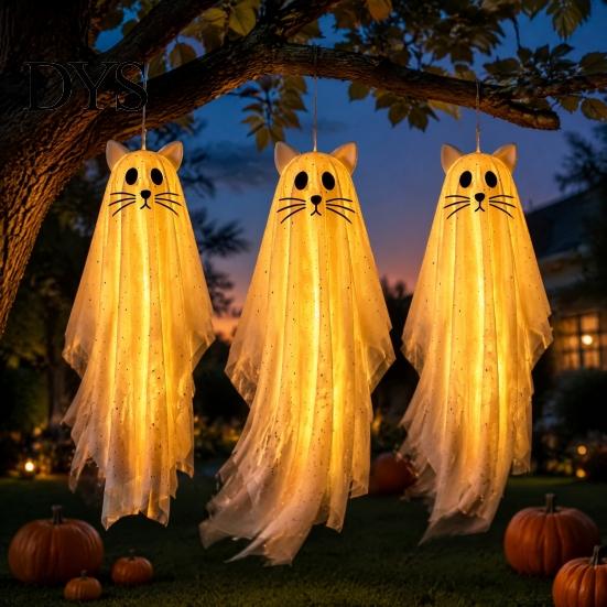 Halloween Hanging Ghost Ornaments 3 Pcs Cat Decorations, Outdoor Large Cute Flying Playful Spooky for Front Porch, Yard, Garden, Patio, Lawn,