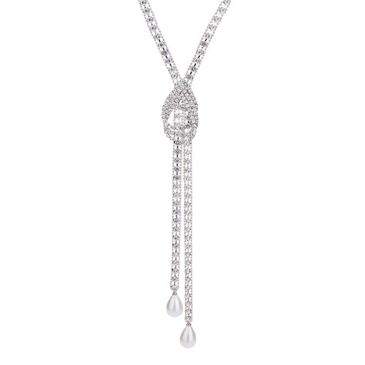 Korean Style Flash Diamond & Pearl Sweater Necklace - Women's Long, Simple, Versatile Accessory