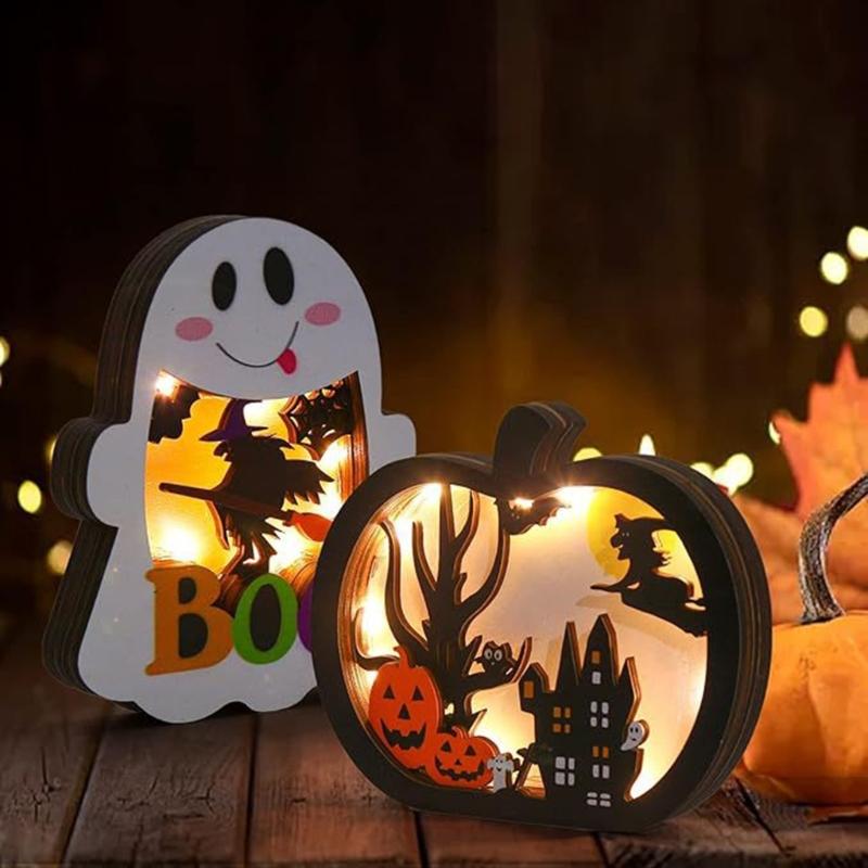 2Pcs Wooden Ghostly Pumpkin Night Light Halloween Wood LED Lamp Desk Decoration For Mantels Tabletop Holiday Decoration