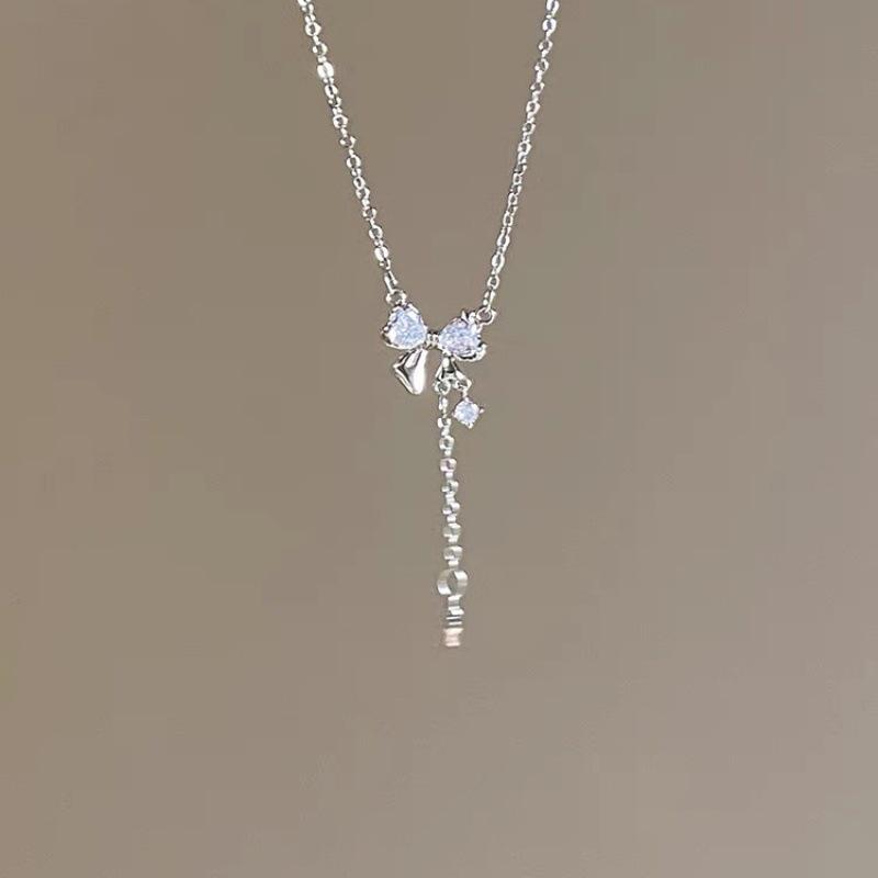 2024 New Bow Zircon Tassel Necklace: Elegant Sweet Design for Women, Light Luxury Clavicle Chain