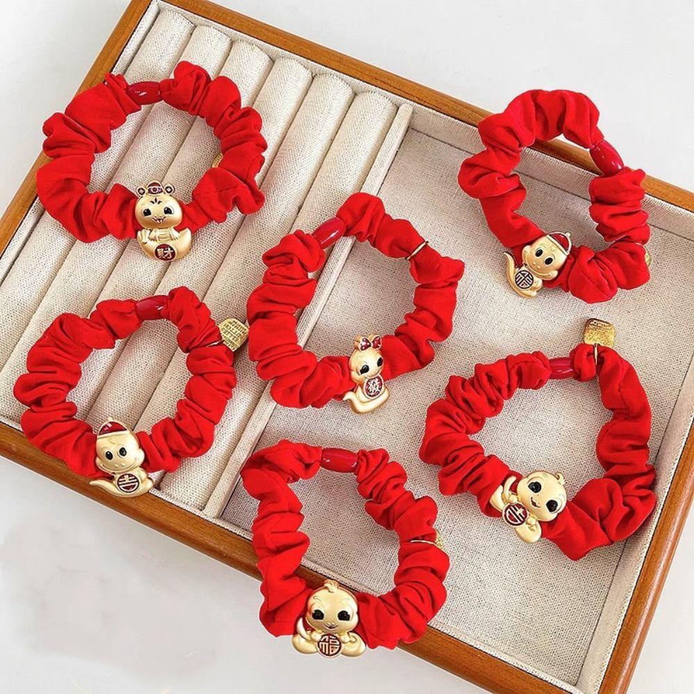Rhinestone New Year Hair Rope Red Chinese Style Bracelet Elastic Snake Year Hair Ring  Girls