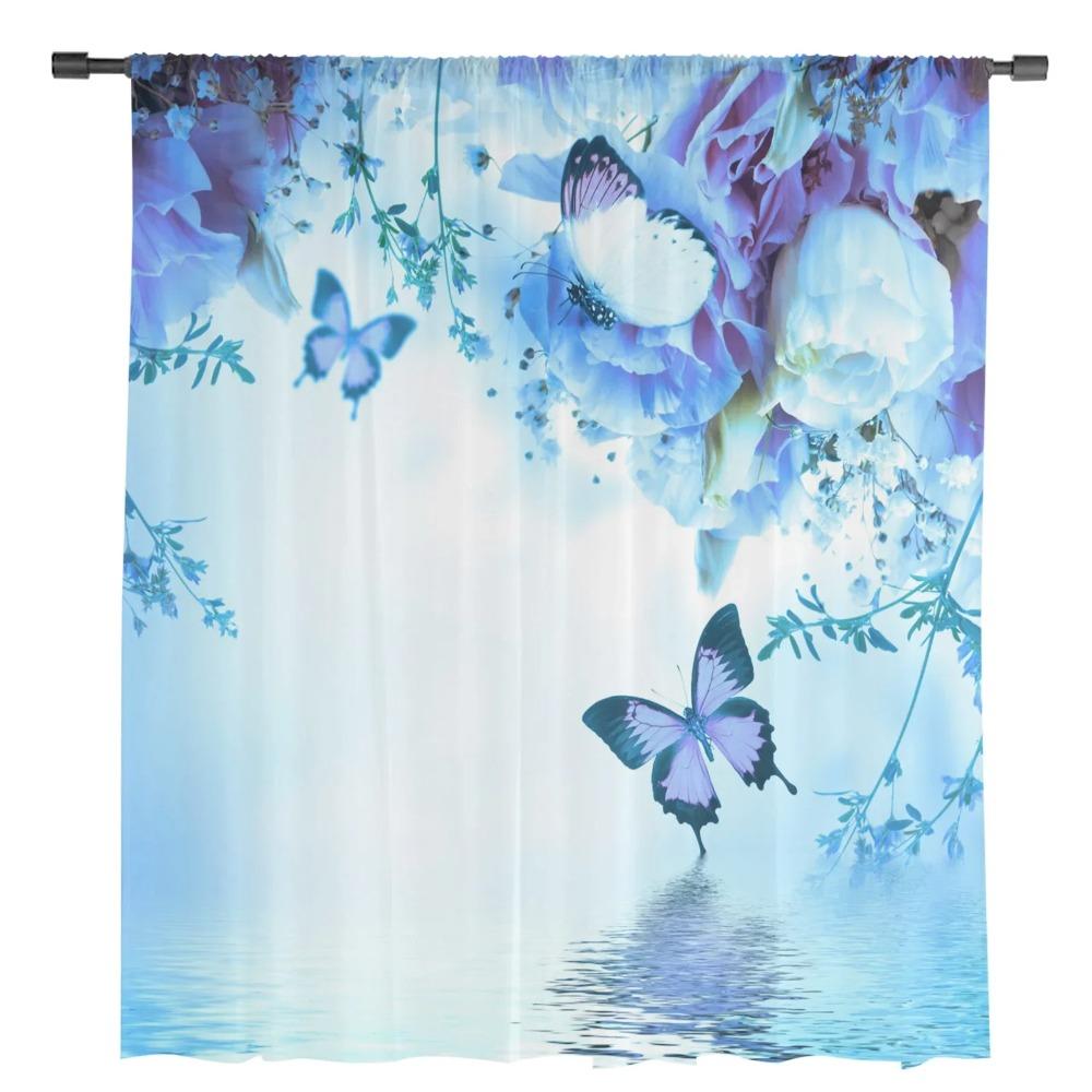 Animal Butterfly Flower Blue Rose Water Waves Tulle Translucent Drapes for Living Room Bedroom Space Window Opening Drape Voile Organza Curtains
