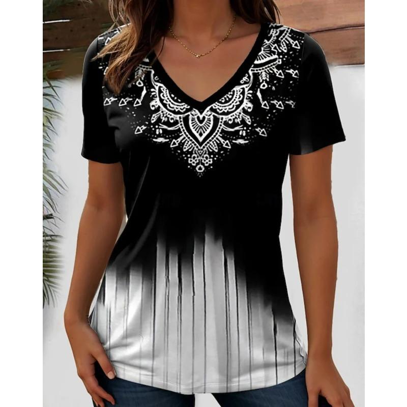 Summer V-neck 3D Retro Printed Top Fashionable Casual Short Sleeved Women's T-shirts