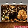 2D Graduation Background, Elegant Black Gold Grad Party Decor Banner with Grad Cap and Champagne for Photoshoot