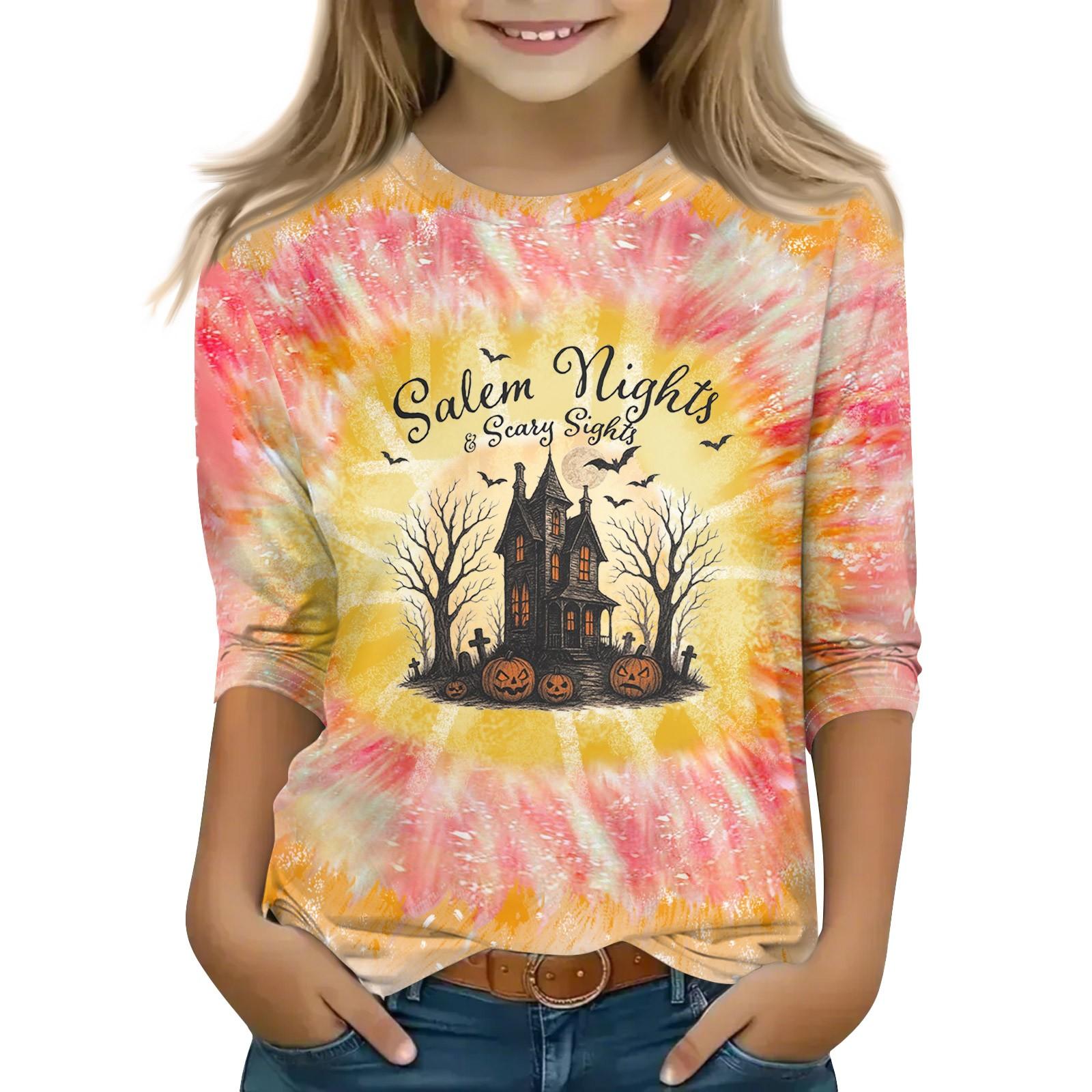 

Print Tops For Youth Girls Round Neck 3/4 Sleeves T-Shirts Trendy Tops Outfit Tees 110 бежевий
