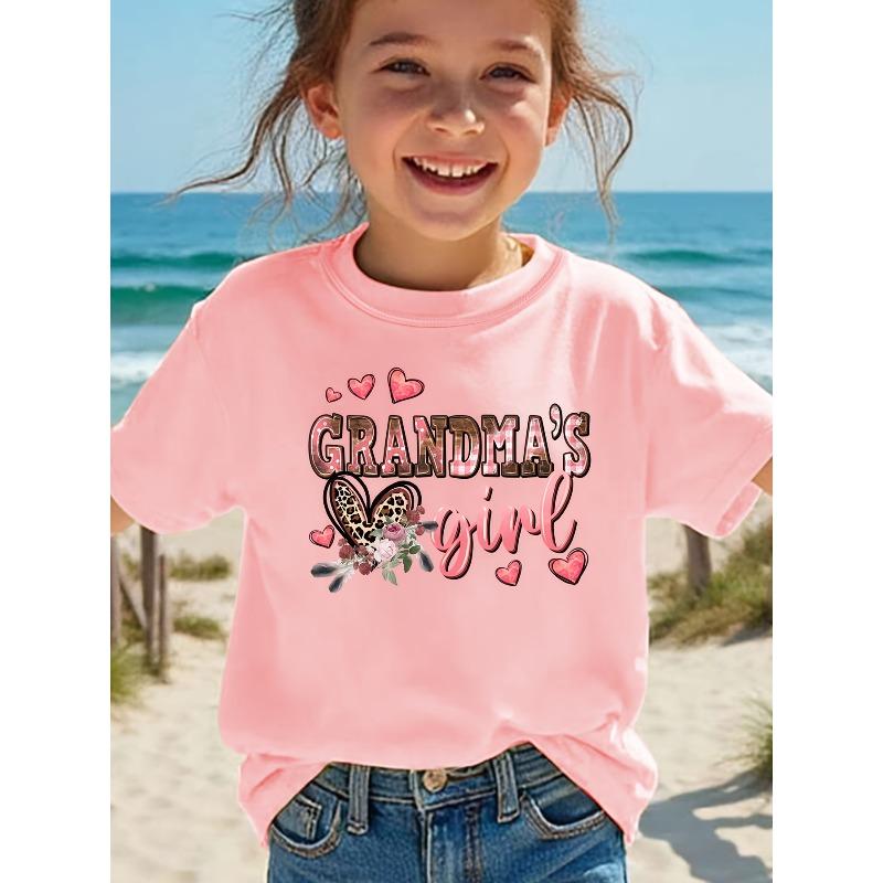 European sizes Girls' Summer Short Sleeve Blouse - Grandma's Girl Lettering & Applique Round Neck Top