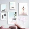 Girl Coconut Tree Van Surfboard Flamingo Wall Art Canvas Painting Nordic Posters And Prints Wall Pictures For Living Room Decor
