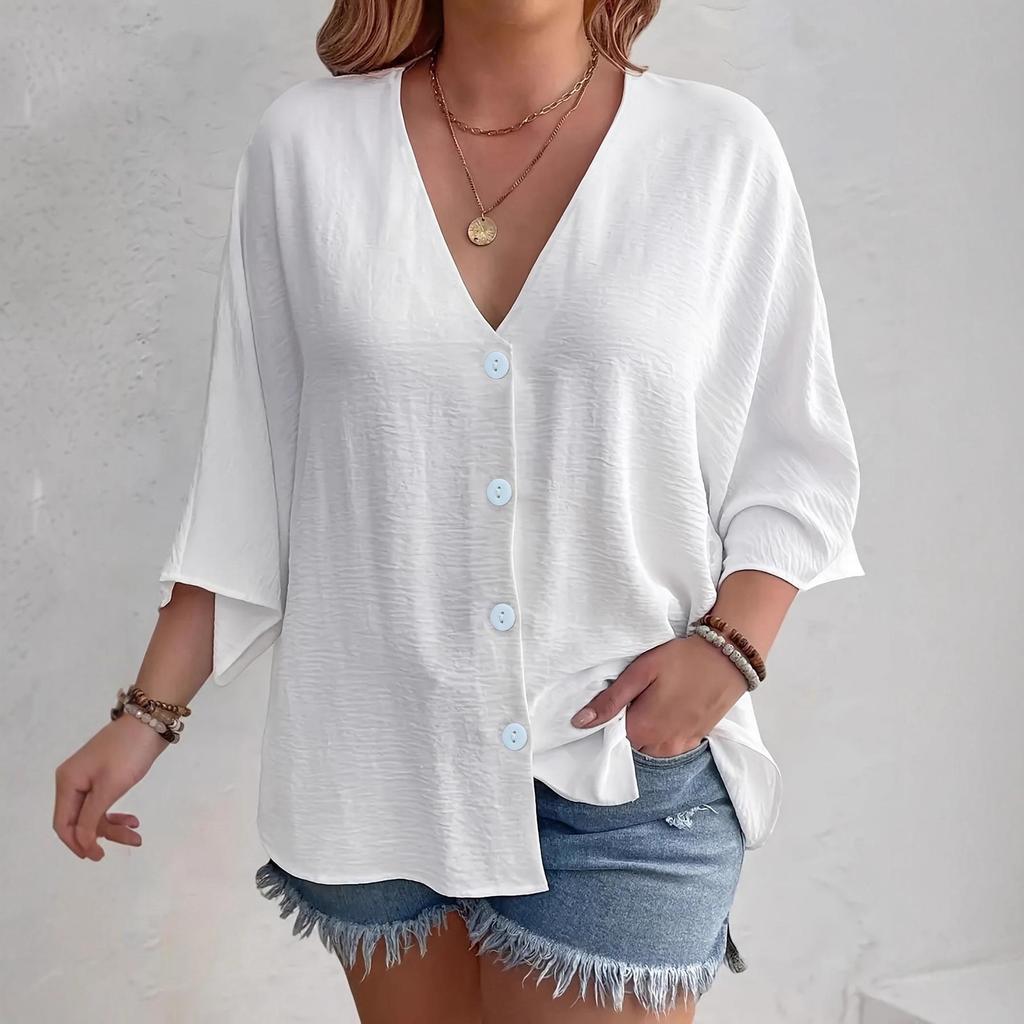 2025 Spring/Autumn Women's V-neck Button Ice Silk Solid Color Cardigan with Seven-point Sleeves