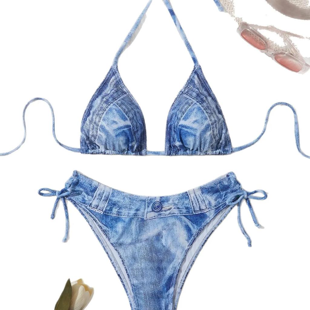 Sexy High Waist Triangle Pant Bikini Set Women's Two-Piece Swimsuit Denim Print Separate Swimwear Cross-Border Clothing