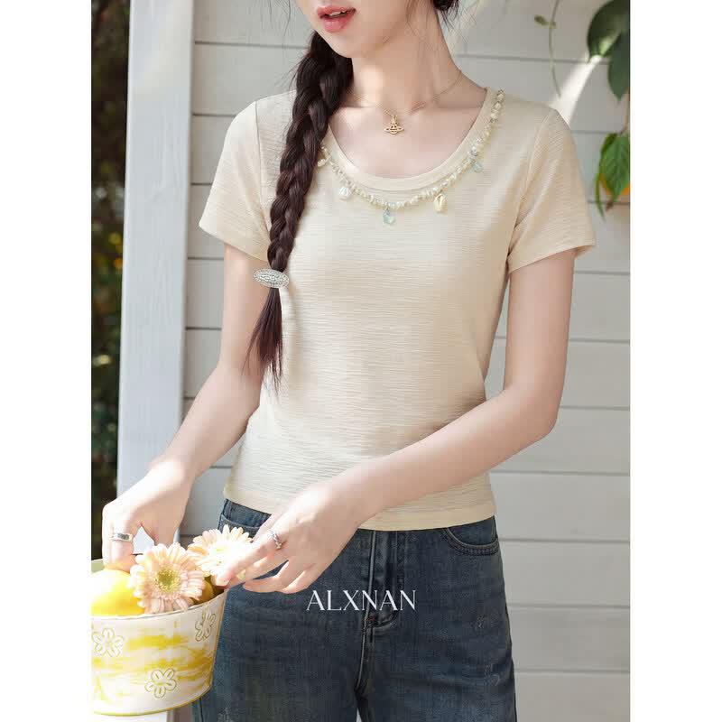 Luxiangnan Women s Elegant Round Neck Short Sleeve T-Shirt L