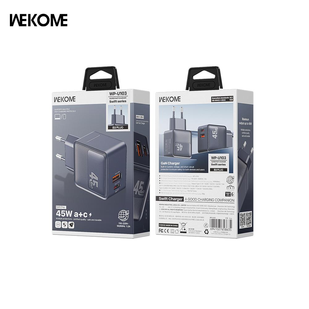 

WEKOME 45Wa+C Flash Charger WP-U103 (European Standard) supports multiple fast charging protocols. 45W EU чорний