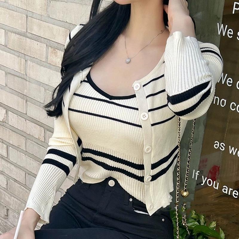

Корейский полосатый утягивающий жилет и кардиган с длинным рукавом, комплект для осени/весны One Size грязно-белый