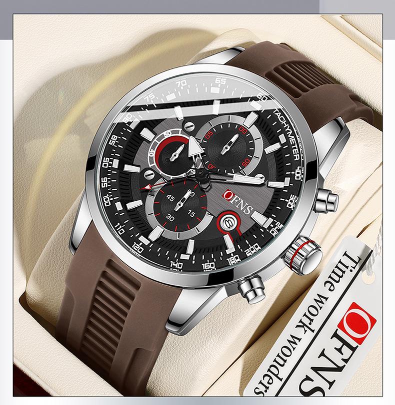 OFNS Business Men's Quartz Watch: Fashionable, Three Sub-Dials, Six Hands, Calendar, Waterproof.