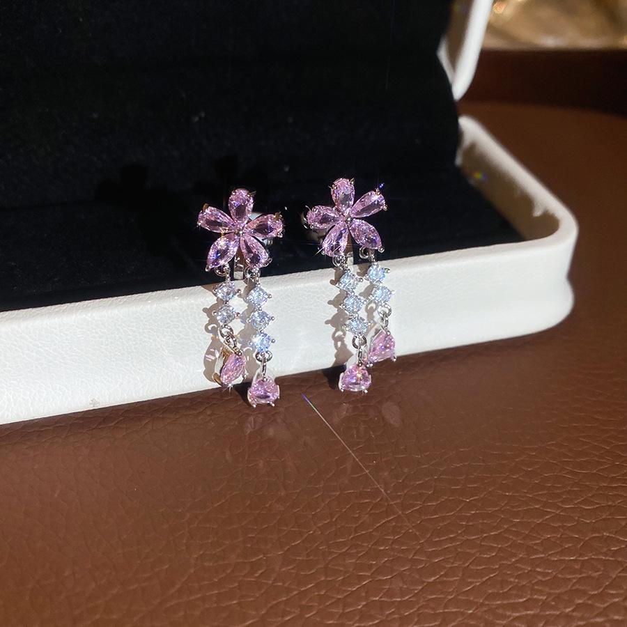 Elegant Zircon Flower Teardrop Tassel Ear Clips for Non-Pierced Ears - Chic European/American Style Earrings with Luxury Appeal
