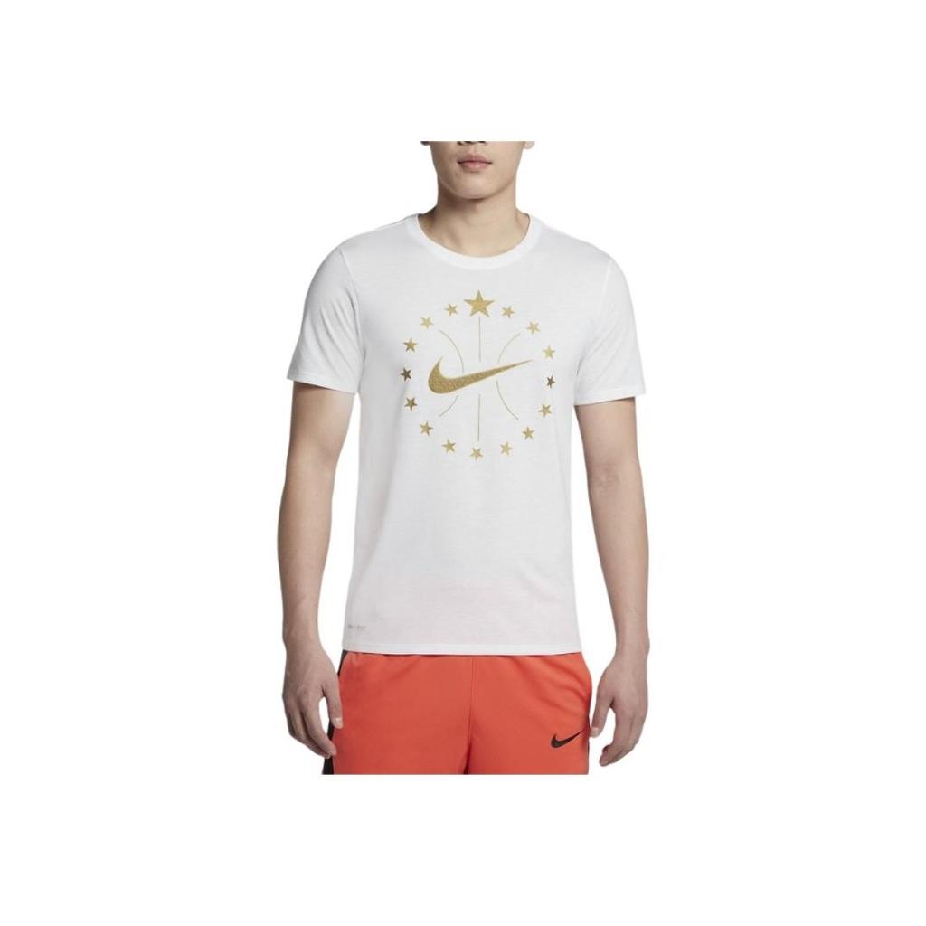 Nike Metallic Gold Logo Dri-Fit Basketball Short Sleeve T-Shirt Men Tops White 913343-100