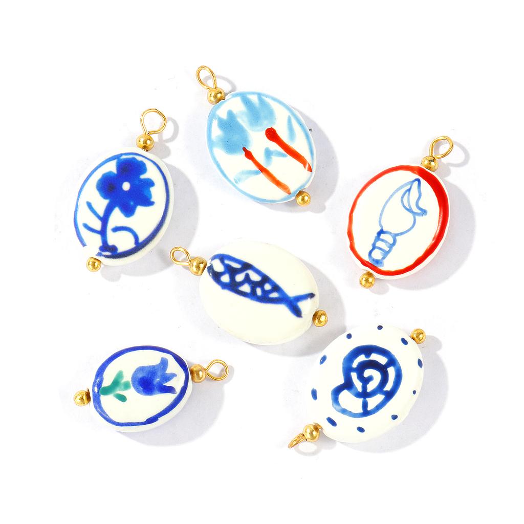 5pcs Ceramic Charms Oval Beads Dark Blue Double Sided Hand-Painted Fish Flower Conch Brass Pendants For DIY Necklace Making