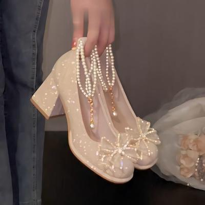 Platform High Heels Women's  New Thick Heel Waterproof Table Square Head Wedding Dress Two Wear Wedding Shoes Bride Shoes