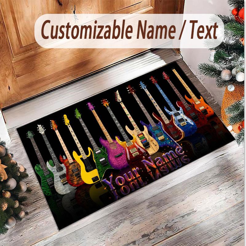 Music Guitar Theme Soft Crystal Velvet Rug Custom Name & Text Print Non Slip Floor Rug for Bedroom Living Room
