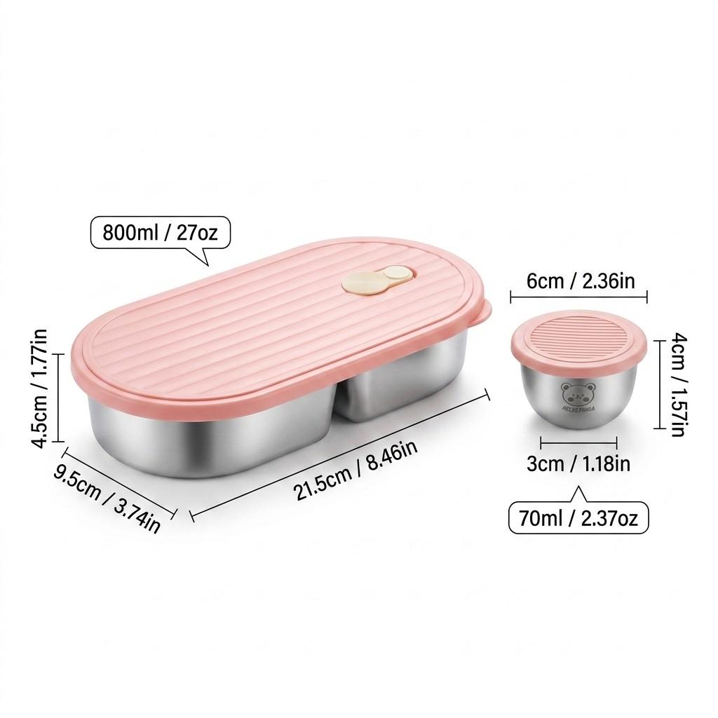 2 Grids 304 Stainless Steel Bento Lunch Box With Sauce Box Portable Sealed Fruit Salad Food Container For Student Microwave Safe