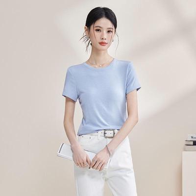 2026 Spring/Summer Women's Slimming Lyocell Wool Acetate Short Sleeve Round Neck Base Layer Top - Multi-Color Basic Style, Skin-Friendly