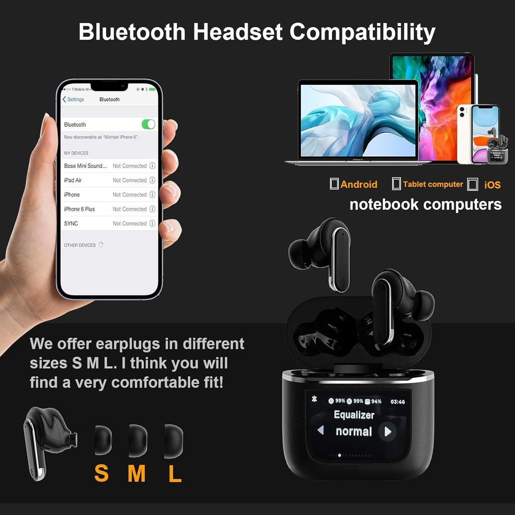 Smart Touchscreen Wireless Bluetooth 5.3 Headset, Super Smart Noise Canceling Earbuds, in-Ear Earbuds with Ear Caps, IPX56 Water Resistant, for
