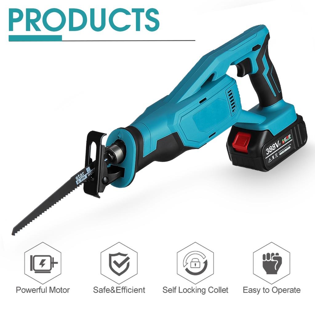 388VF 1500W Cordless Electric Reciprocating Saw with 4 Blades Saber Saw Wood Metal Cutting Tool For 18V Battery