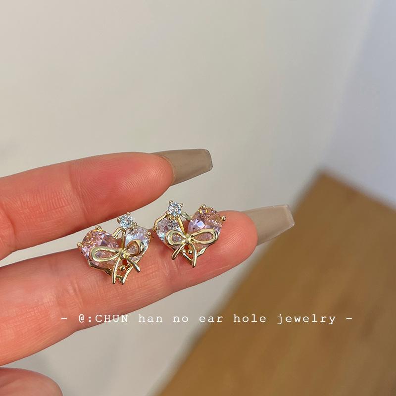 Bow winding love pink zircon light luxury high-end stud earrings small exquisite ear clips women's earless earrings