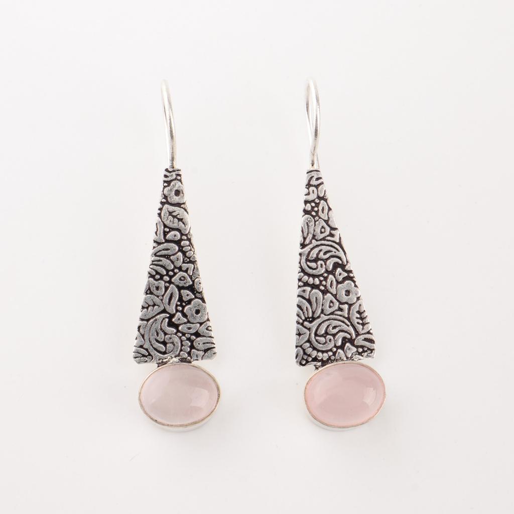 Natural Rose Quartz Gemstone 925 Sterling Silver Jewelry Handmade Earrings 1.9" EE-165-24