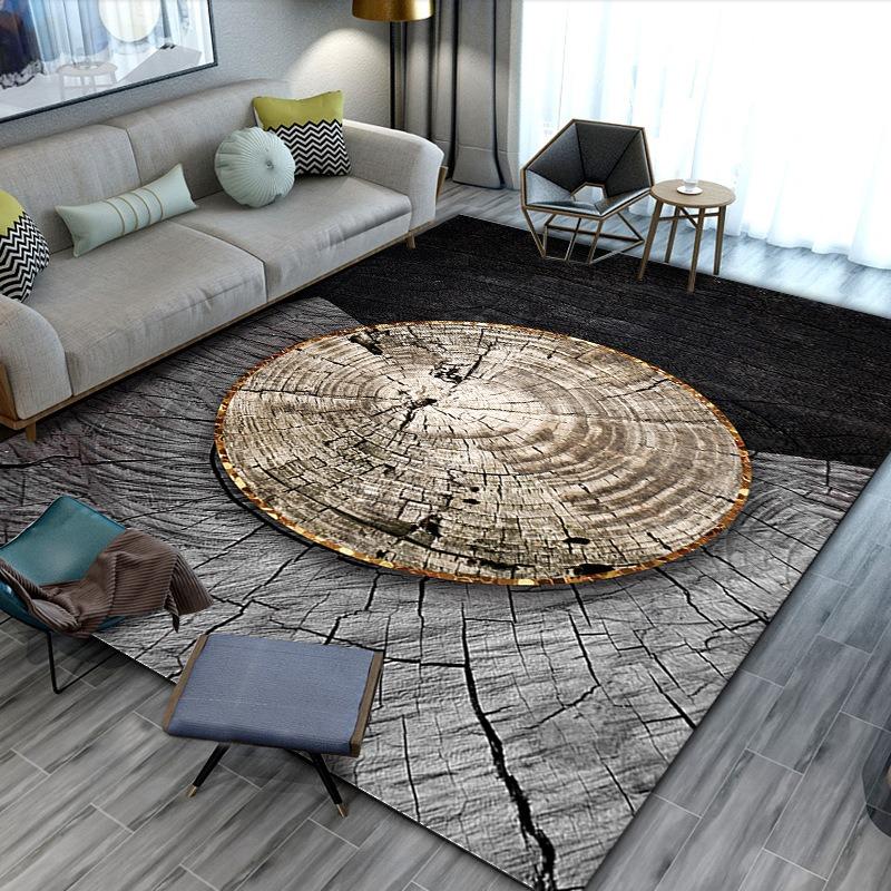 Large Living Room Area Rug with Tree Ring Pattern Gray Brown Wood Texture and Gold Trim Modern Decor Carpet Home Decoration Mat