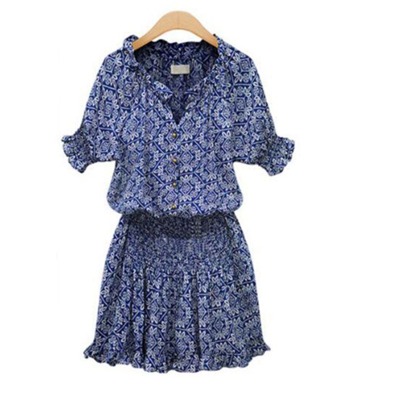

Women s Fashion Style Blue Cotton Silk Elastic Waist Dress Color 2XL
