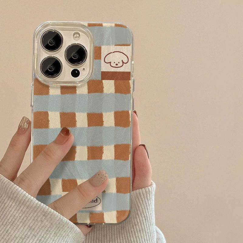 Grid Pattern Puppy Clear Phone Case For iPhone 16 Pro Max 15 14 13 12 11 Pro Max 14 15 Plus Shockproof Transparent Soft Cover
