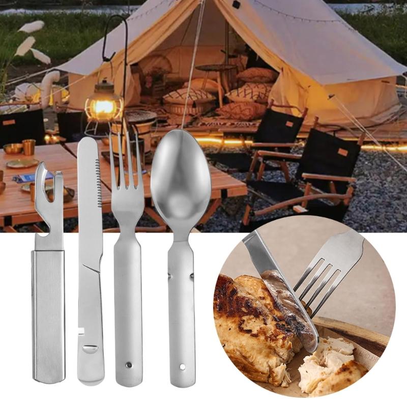 4 Pack Stainless Steel Travel Utensils Set Outdoor Cutlery Perfect for Campers Includes Spoon Fork Cutter Bottle Opener