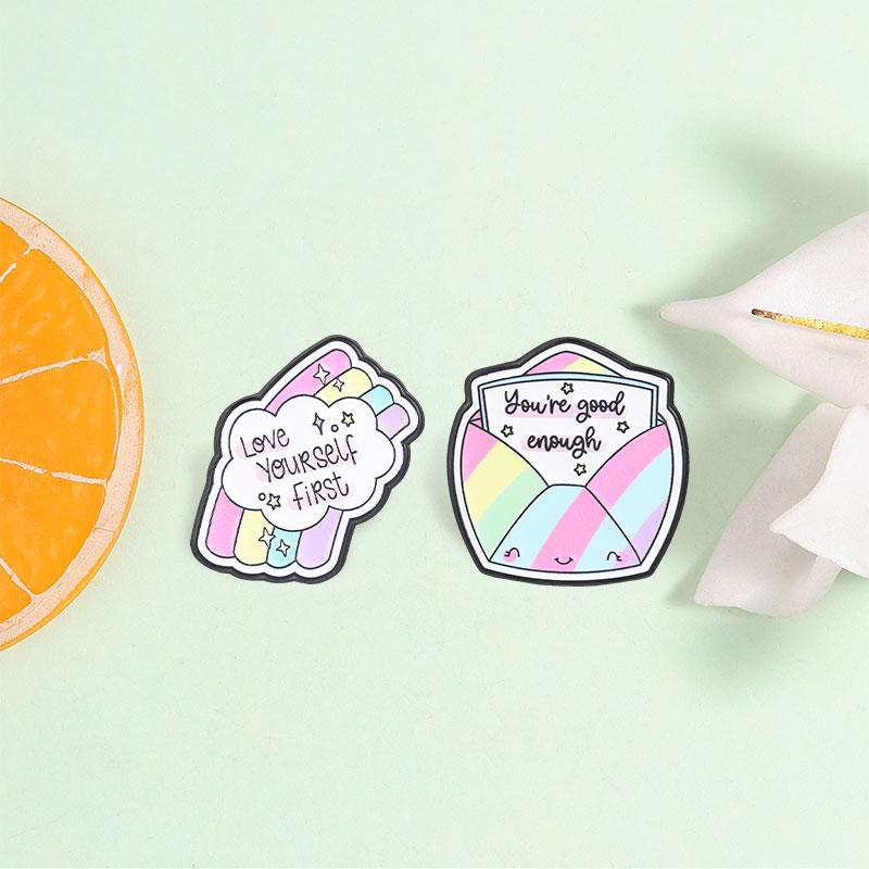 Self-love Quotes Enamel Pins Love Yourself First You're Good Enough Rainbow Cloud Envelope Brooches Lapel Badge Jewelry Gifts
