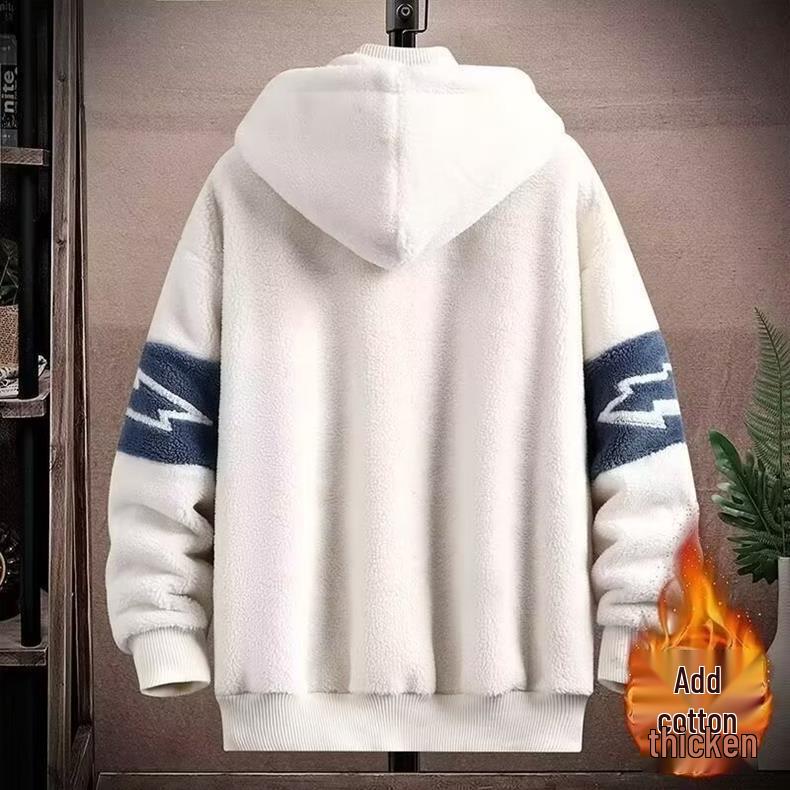 Lambswool Color Block Hooded Jacket for Men - Warm Fleece Patchwork Coat for Autumn & Winter